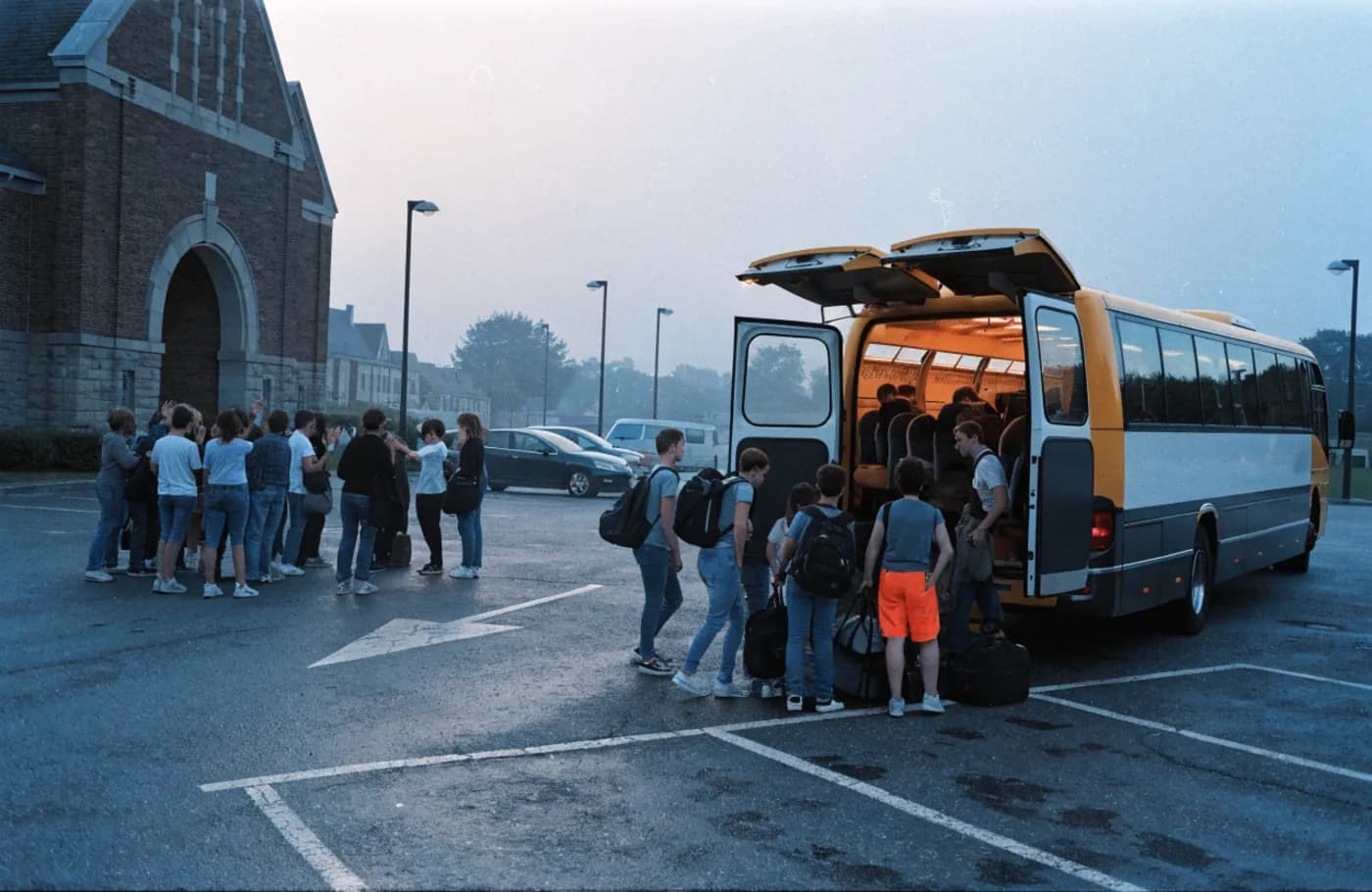 Students loading bags onto a charter bus in a church parking lot at dawn