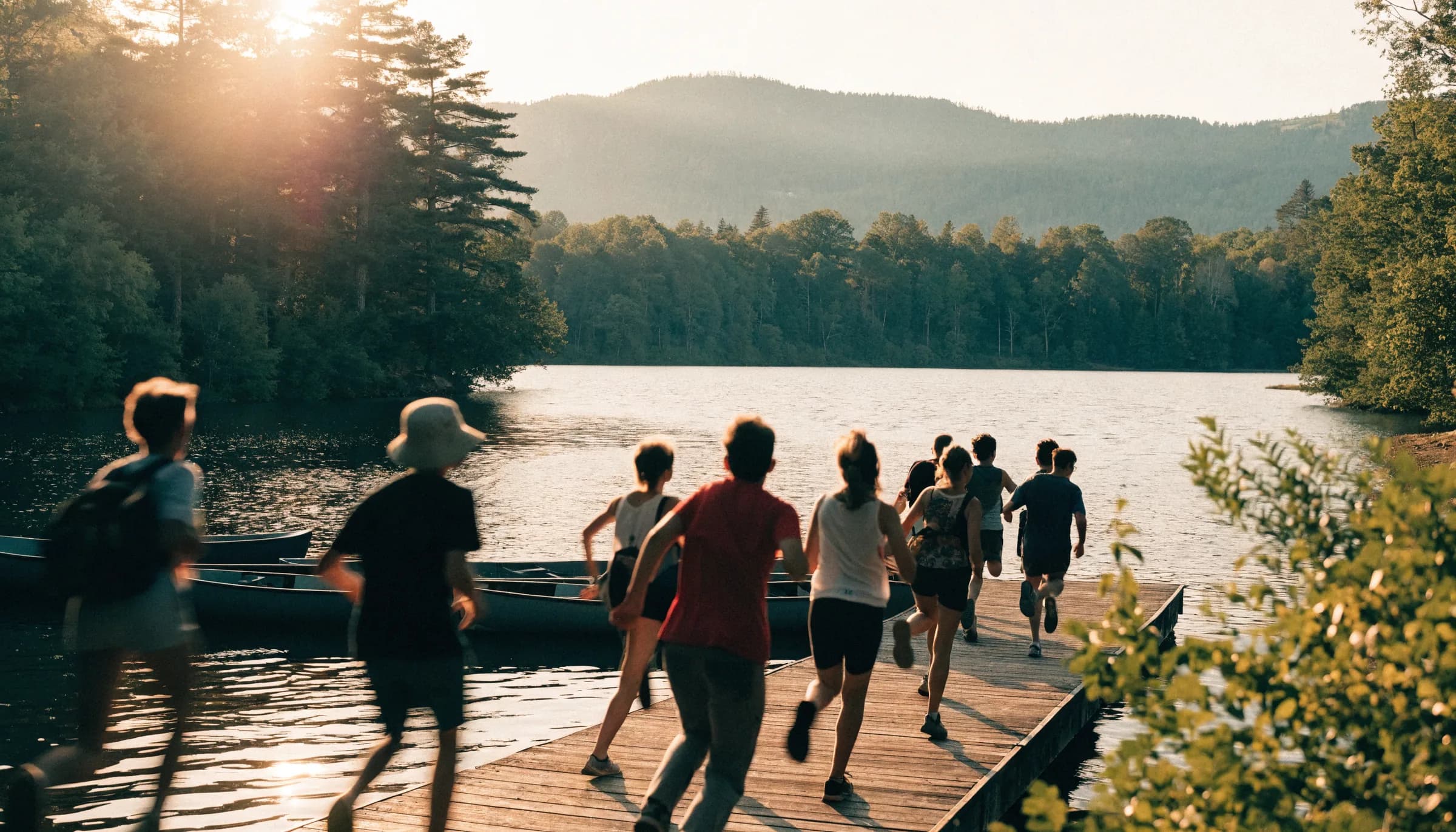 Students running down a wooden dock toward a mountain lake at sunset